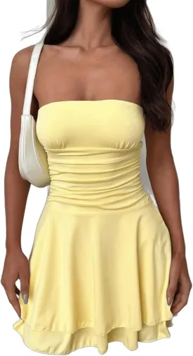 Women's 2024 Summer Strapless Tube Dress Sexy Off Shoulder Ruffle Tiered Flowy Y2K Mini Dresses