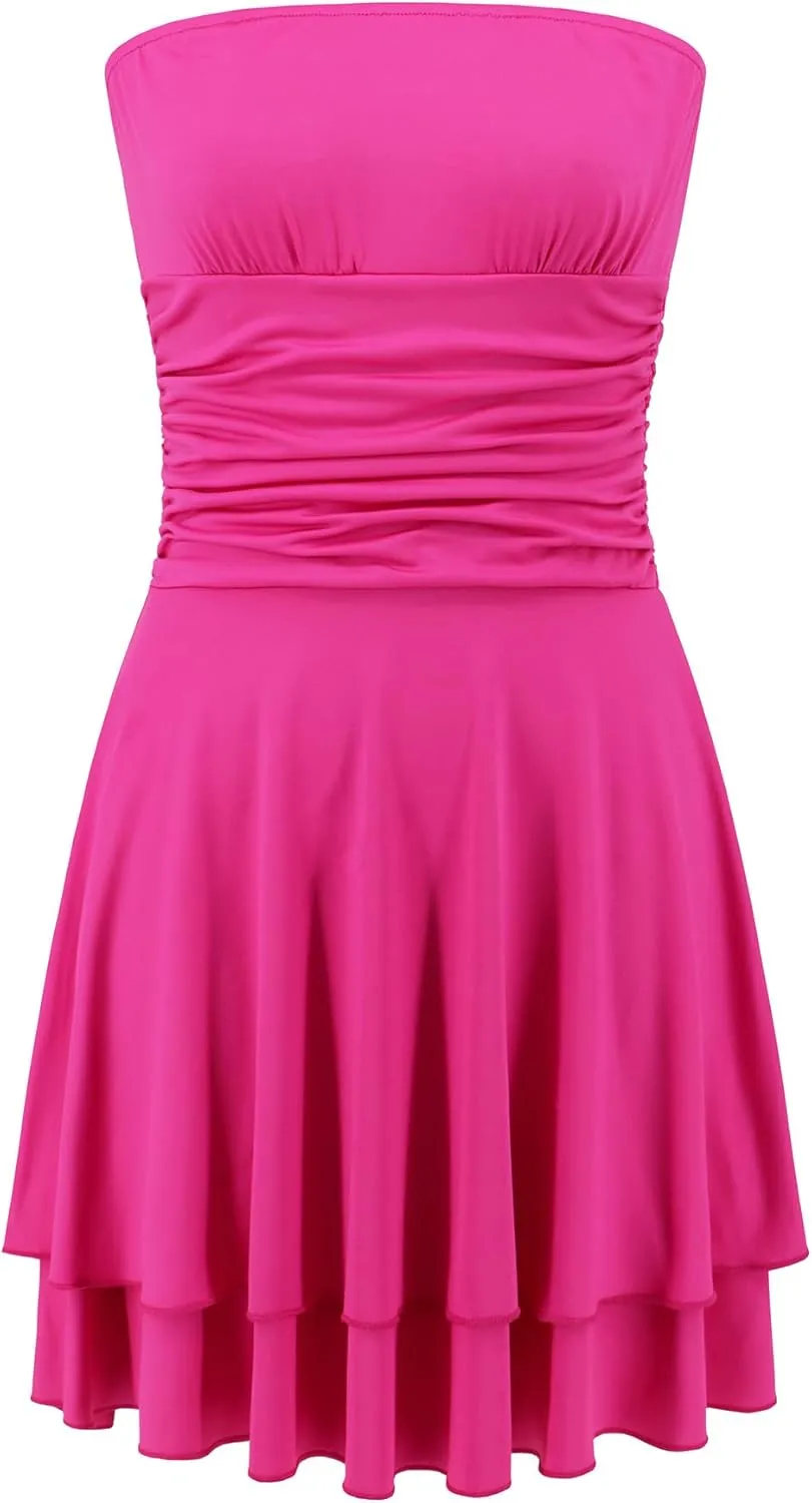 Women's 2024 Summer Strapless Tube Dress Sexy Off Shoulder Ruffle Tiered Flowy Y2K Mini Dresses