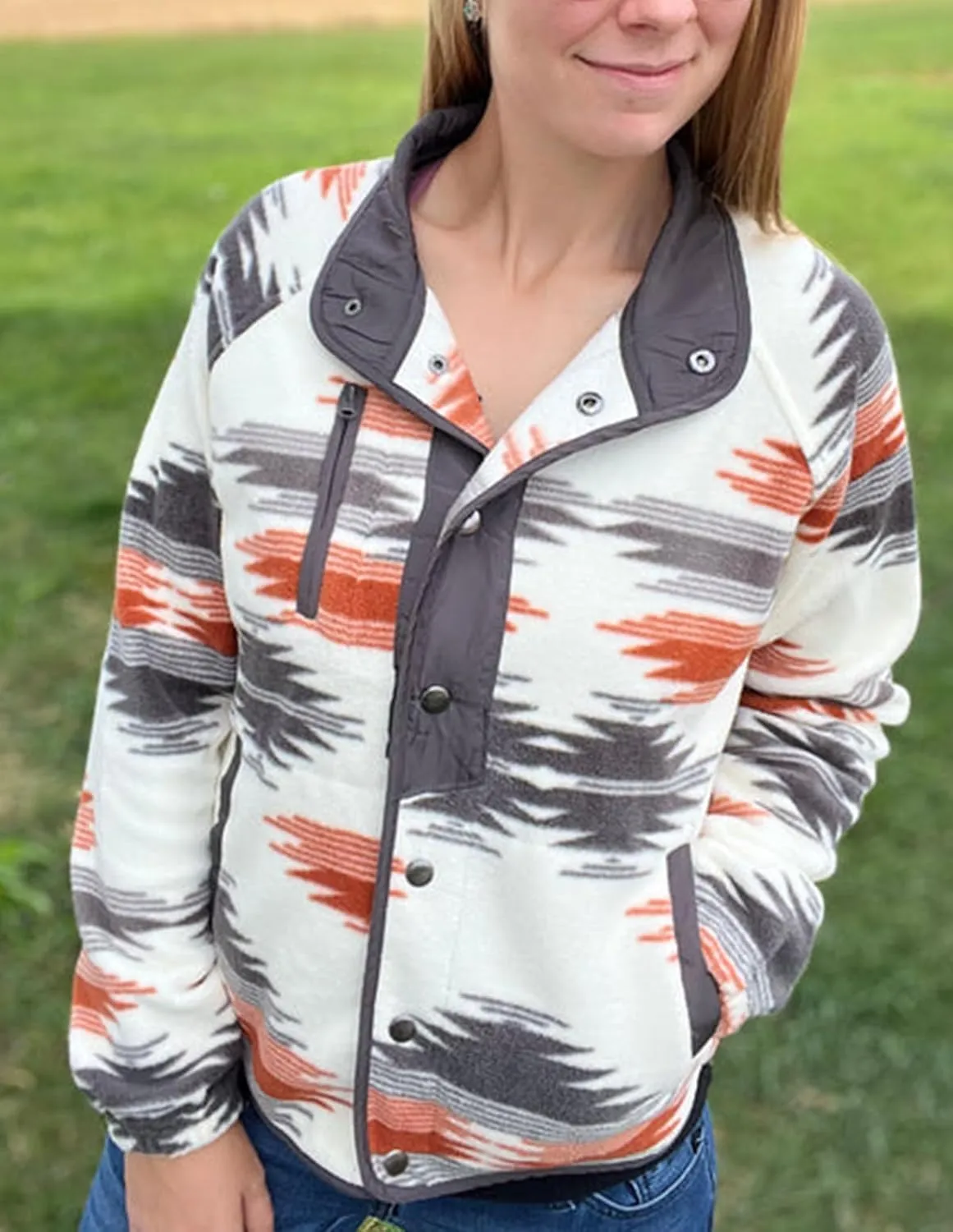 Womens Aztec Print Fleece Jacket Casual Long Sleeve Snap Button Vintage Shacket Coat with Pockets