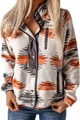 Womens Aztec Print Fleece Jacket Casual Long Sleeve Snap Button Vintage Shacket Coat with Pockets