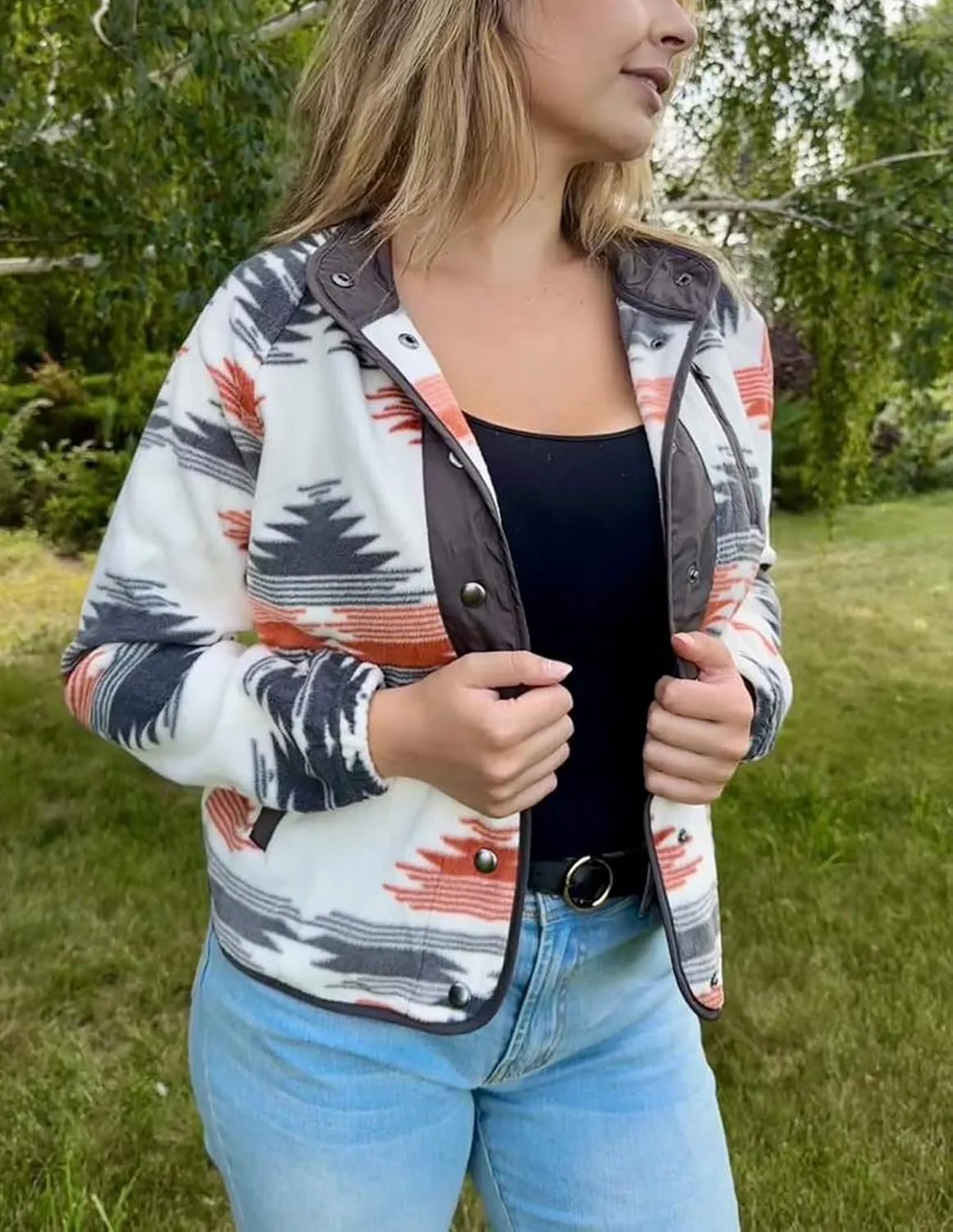Womens Aztec Print Fleece Jacket Casual Long Sleeve Snap Button Vintage Shacket Coat with Pockets