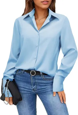 Womens Button Down Shirts Dress Shirt Dressy Casual Striped Blouse Long Sleeve Work Office Business Chiffon Top