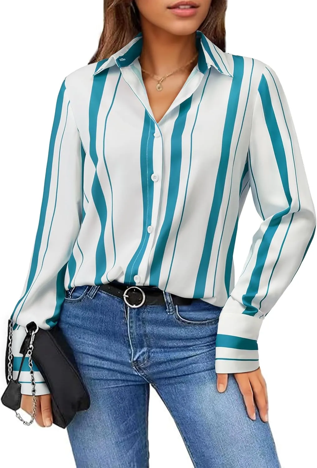 Womens Button Down Shirts Dress Shirt Dressy Casual Striped Blouse Long Sleeve Work Office Business Chiffon Top