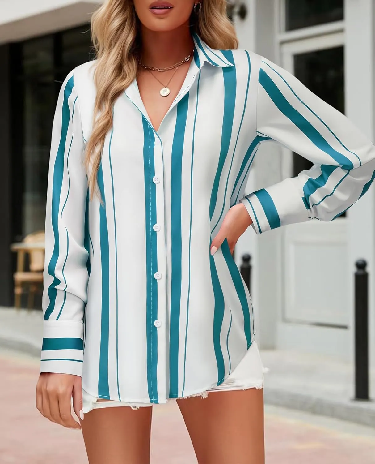 Womens Button Down Shirts Dress Shirt Dressy Casual Striped Blouse Long Sleeve Work Office Business Chiffon Top