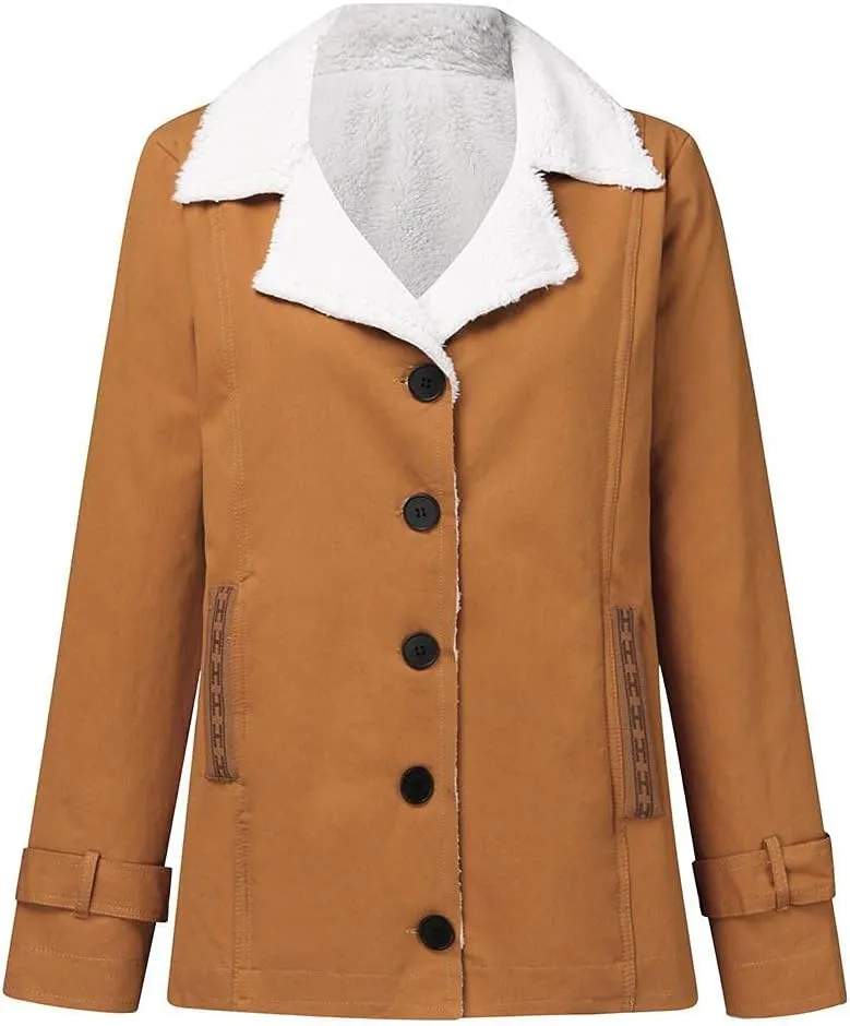 Womens Casual Sherpa Fleece Lined Denim Jackets Plus Size Warm Winter Lapel Collar Faux Fur Oversized Button Down Coat