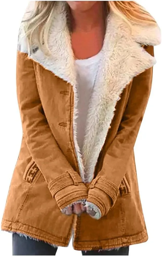 Womens Casual Sherpa Fleece Lined Denim Jackets Plus Size Warm Winter Lapel Collar Faux Fur Oversized Button Down Coat