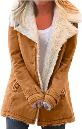 Womens Casual Sherpa Fleece Lined Denim Jackets Plus Size Warm Winter Lapel Collar Faux Fur Oversized Button Down Coat
