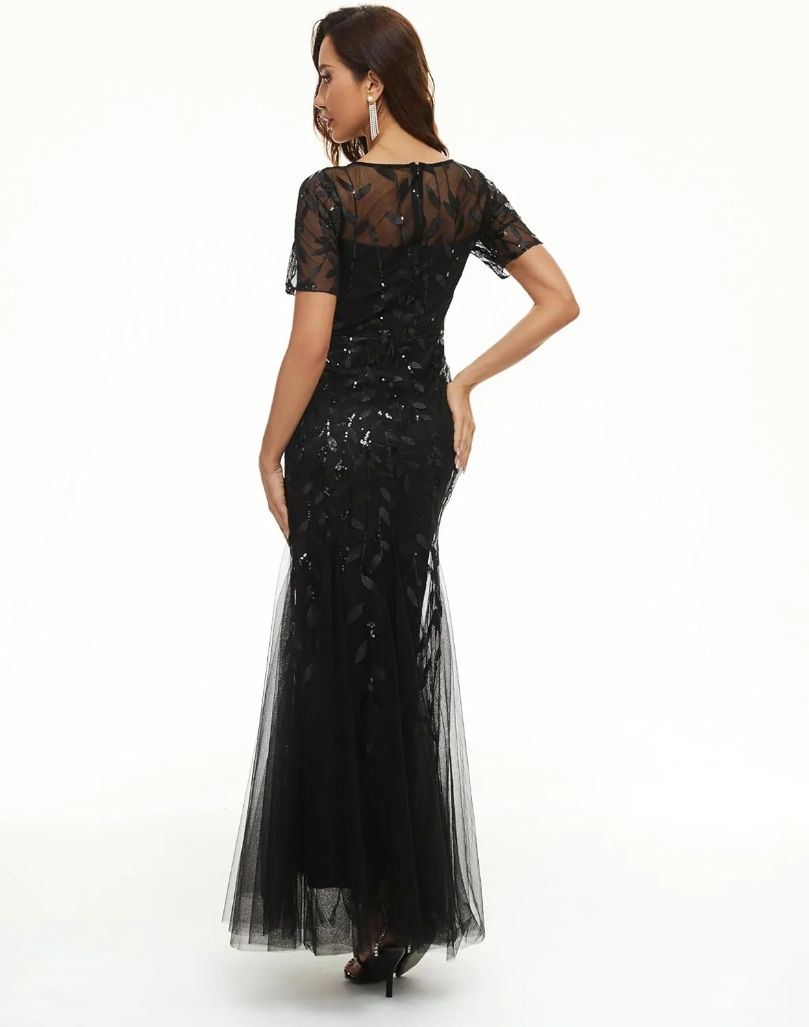 Women's Formal Dress Illusion Short Sleeve Crew Neck Sequin Embroidery Tulle Mermaid Evening Dresses