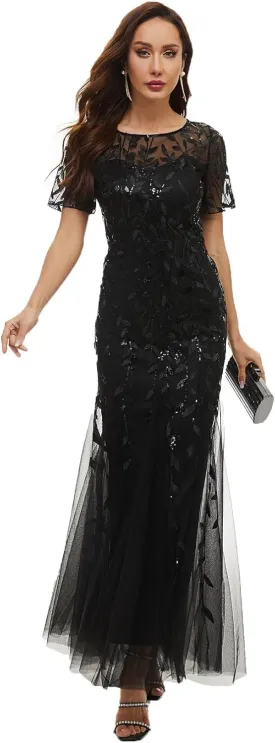 Women's Formal Dress Illusion Short Sleeve Crew Neck Sequin Embroidery Tulle Mermaid Evening Dresses