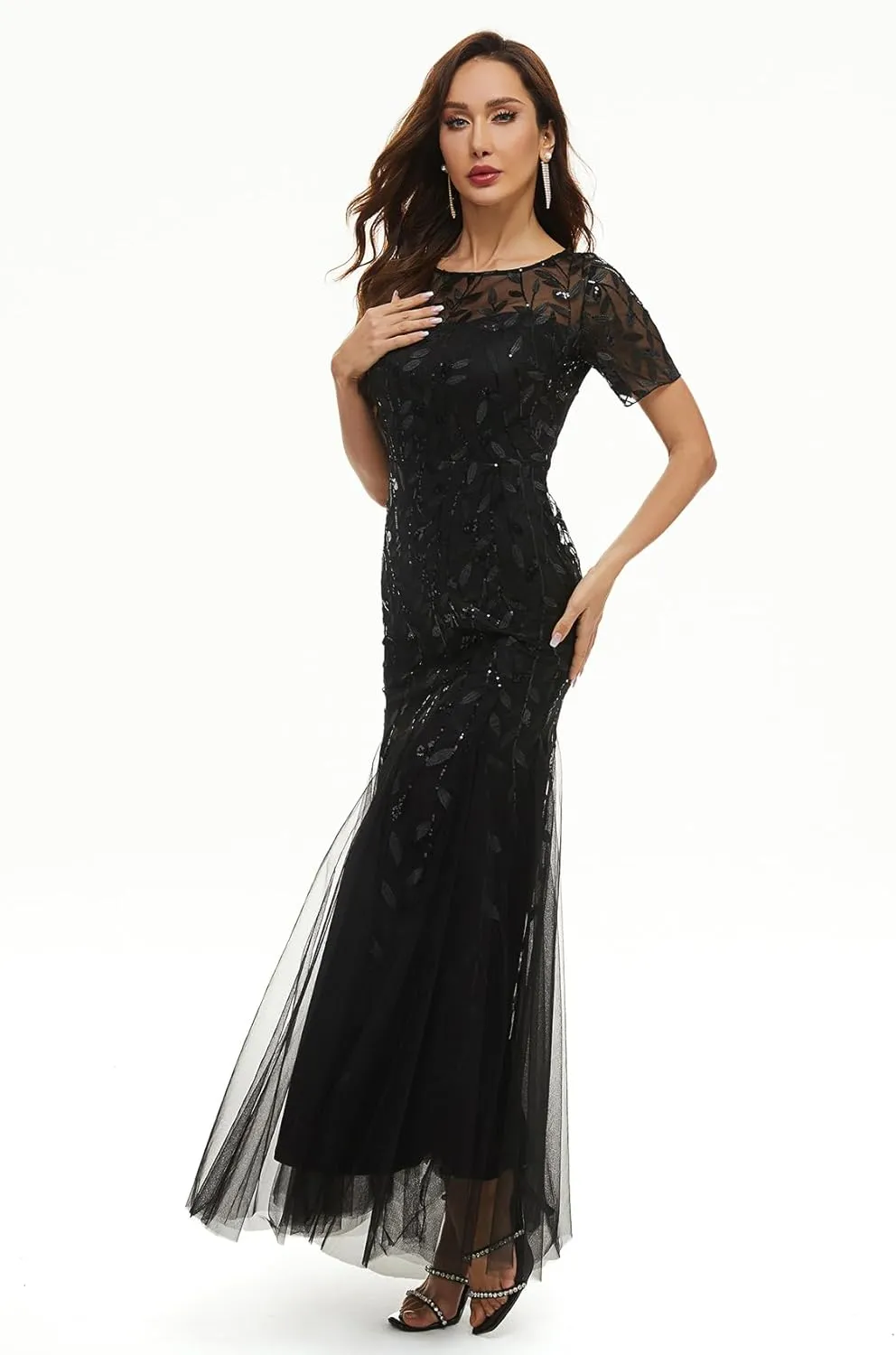 Women's Formal Dress Illusion Short Sleeve Crew Neck Sequin Embroidery Tulle Mermaid Evening Dresses