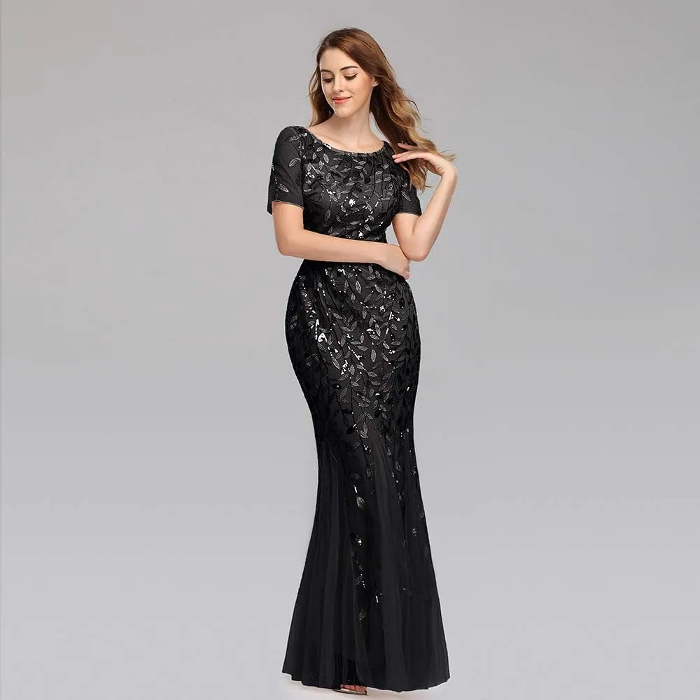 Women's Formal Dress Illusion Short Sleeve Crew Neck Sequin Embroidery Tulle Mermaid Evening Dresses