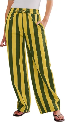 Womens Oversized Striped Wide Leg Pants High Waisted Lounge Pant Comfortable Beach Trousers with Pockets