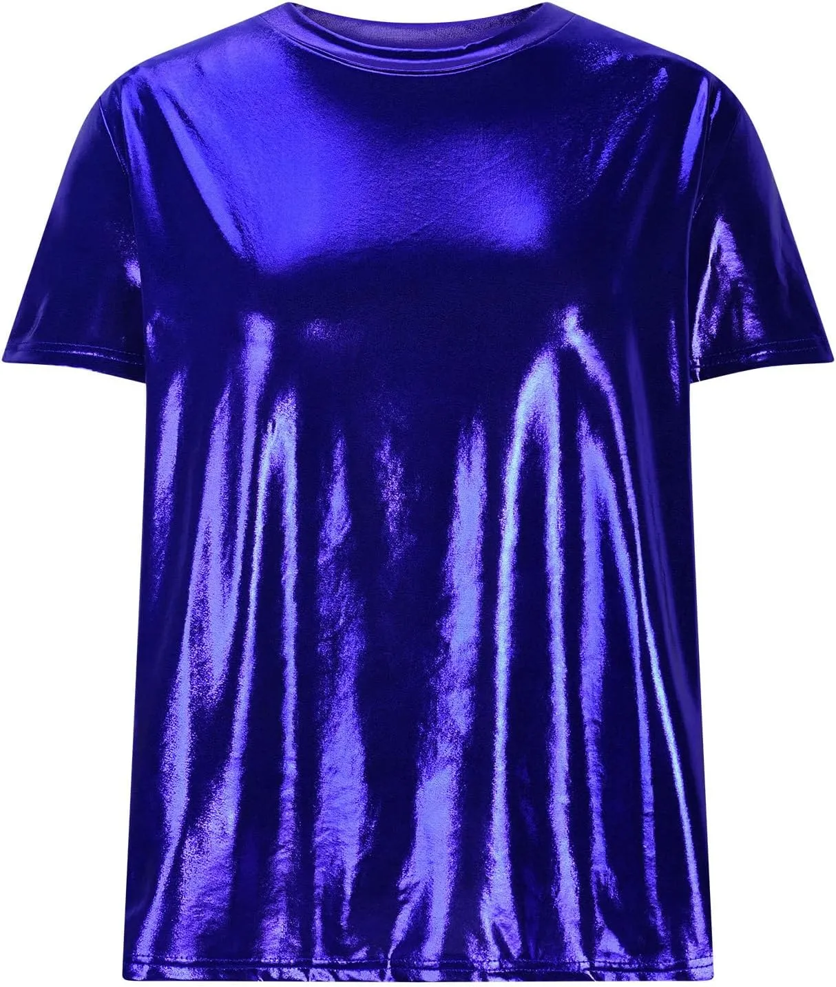Women's Shiny Metallic Short Sleeve T Shirt Trendy Crew Neck Summer Tops Party Disco Club Tees