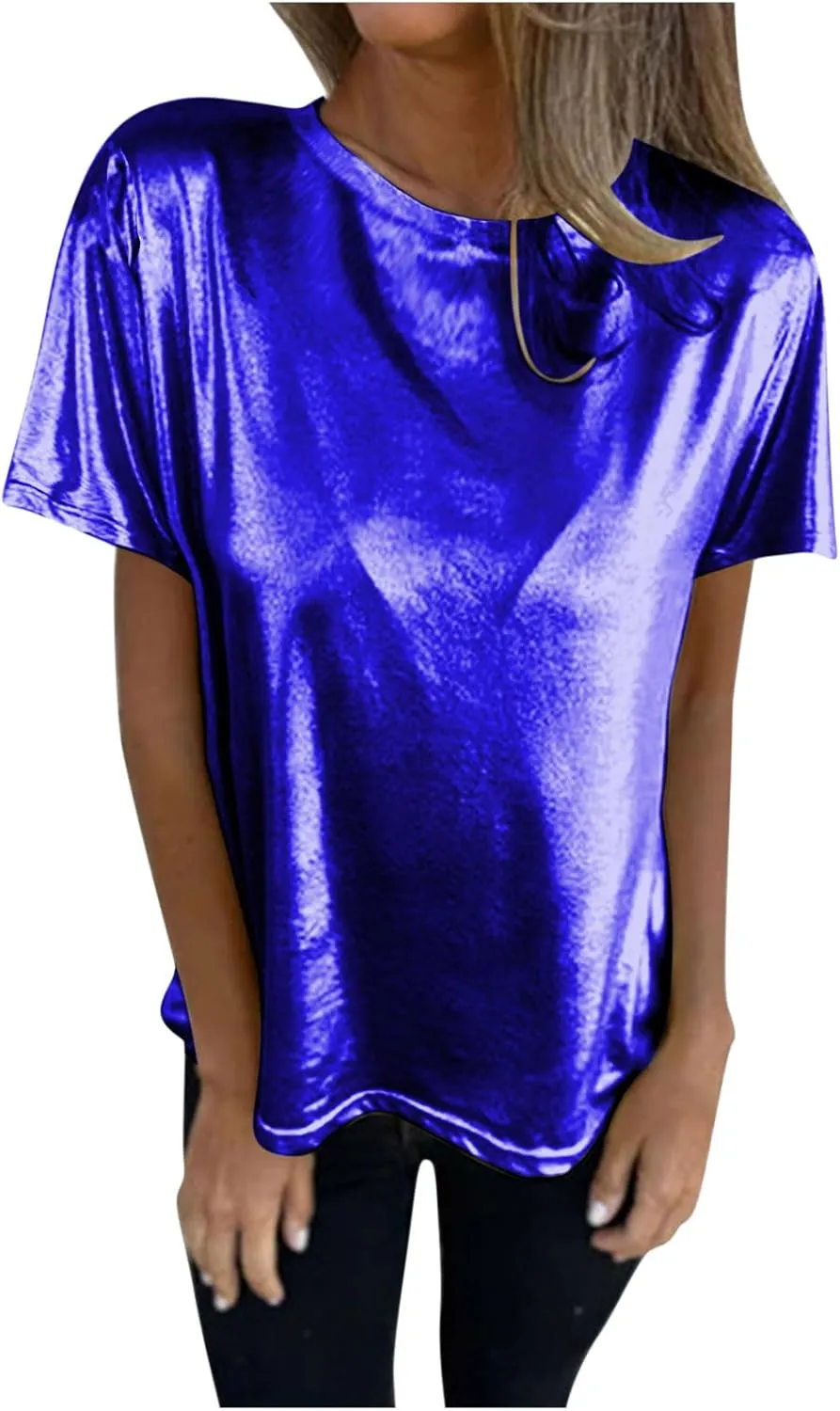 Women's Shiny Metallic Short Sleeve T Shirt Trendy Crew Neck Summer Tops Party Disco Club Tees