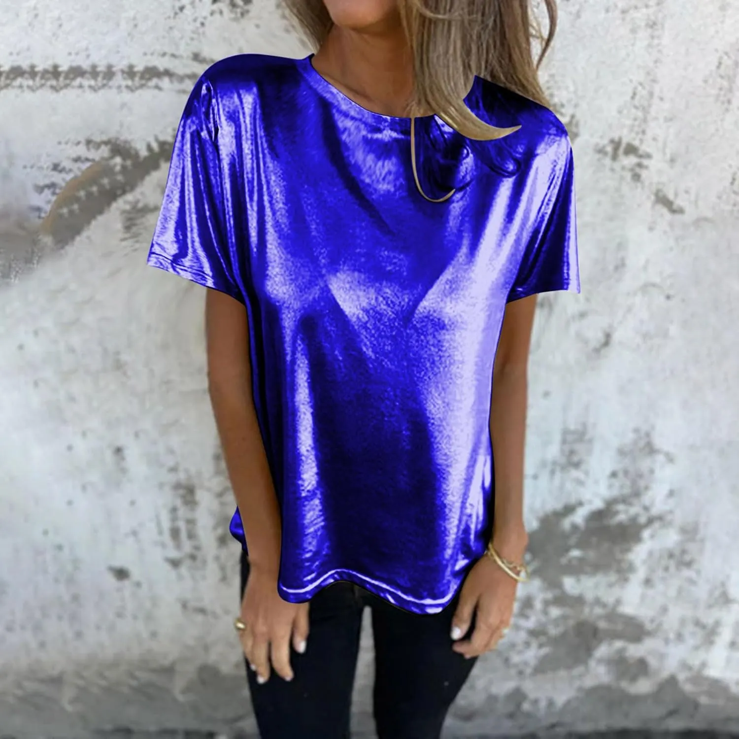 Women's Shiny Metallic Short Sleeve T Shirt Trendy Crew Neck Summer Tops Party Disco Club Tees
