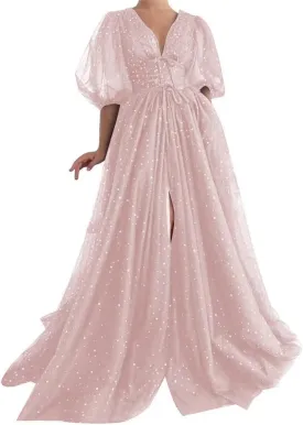 Women's Sparkle Starry Tulle Prom Dresses Puffy Sleeve Evening Gowns Long Slit Formal Party Dress with Pockets