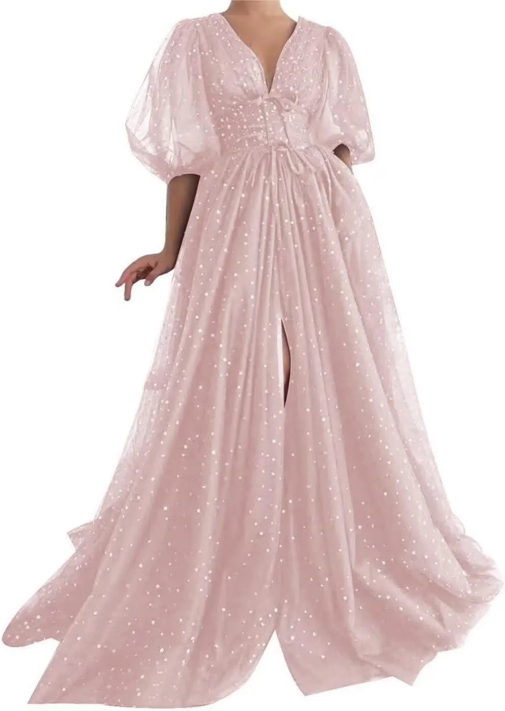 Women's Sparkle Starry Tulle Prom Dresses Puffy Sleeve Evening Gowns Long Slit Formal Party Dress with Pockets