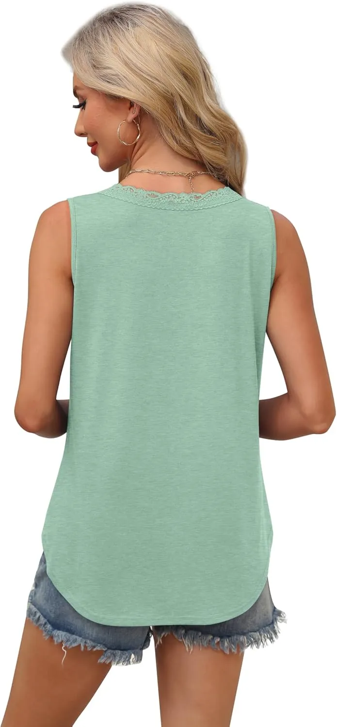 XIEERDUO Womens Lace V Neck Tank Tops Summer Spring Sleeveless Shirts Casual Flowy Clothes Trendy Outfits (S-3XL)