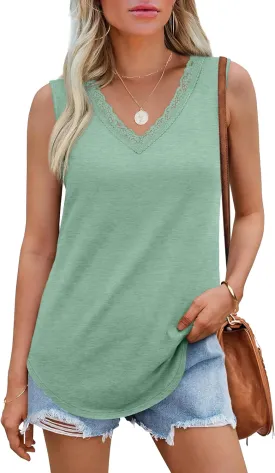 XIEERDUO Womens Lace V Neck Tank Tops Summer Spring Sleeveless Shirts Casual Flowy Clothes Trendy Outfits (S-3XL)