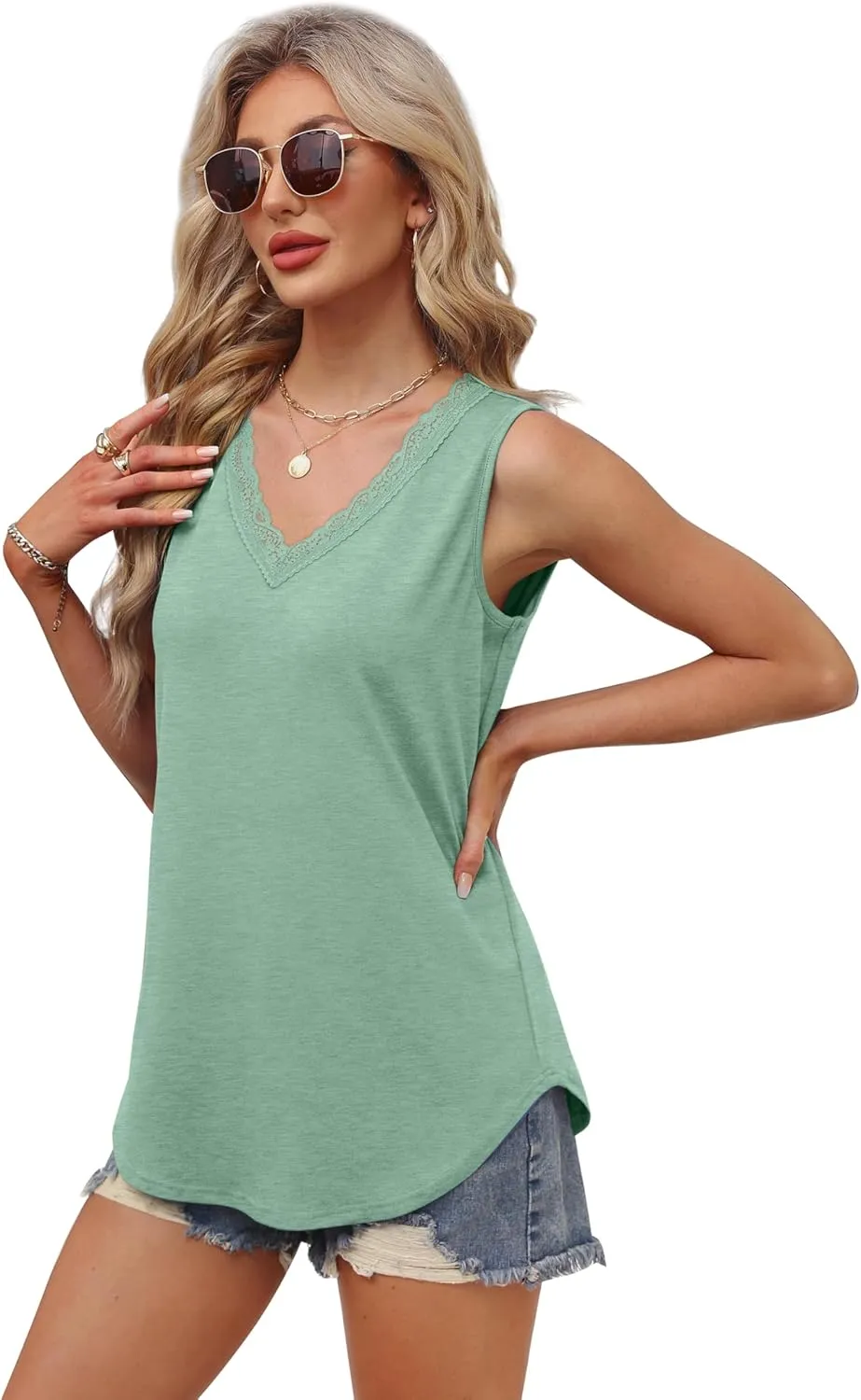 XIEERDUO Womens Lace V Neck Tank Tops Summer Spring Sleeveless Shirts Casual Flowy Clothes Trendy Outfits (S-3XL)