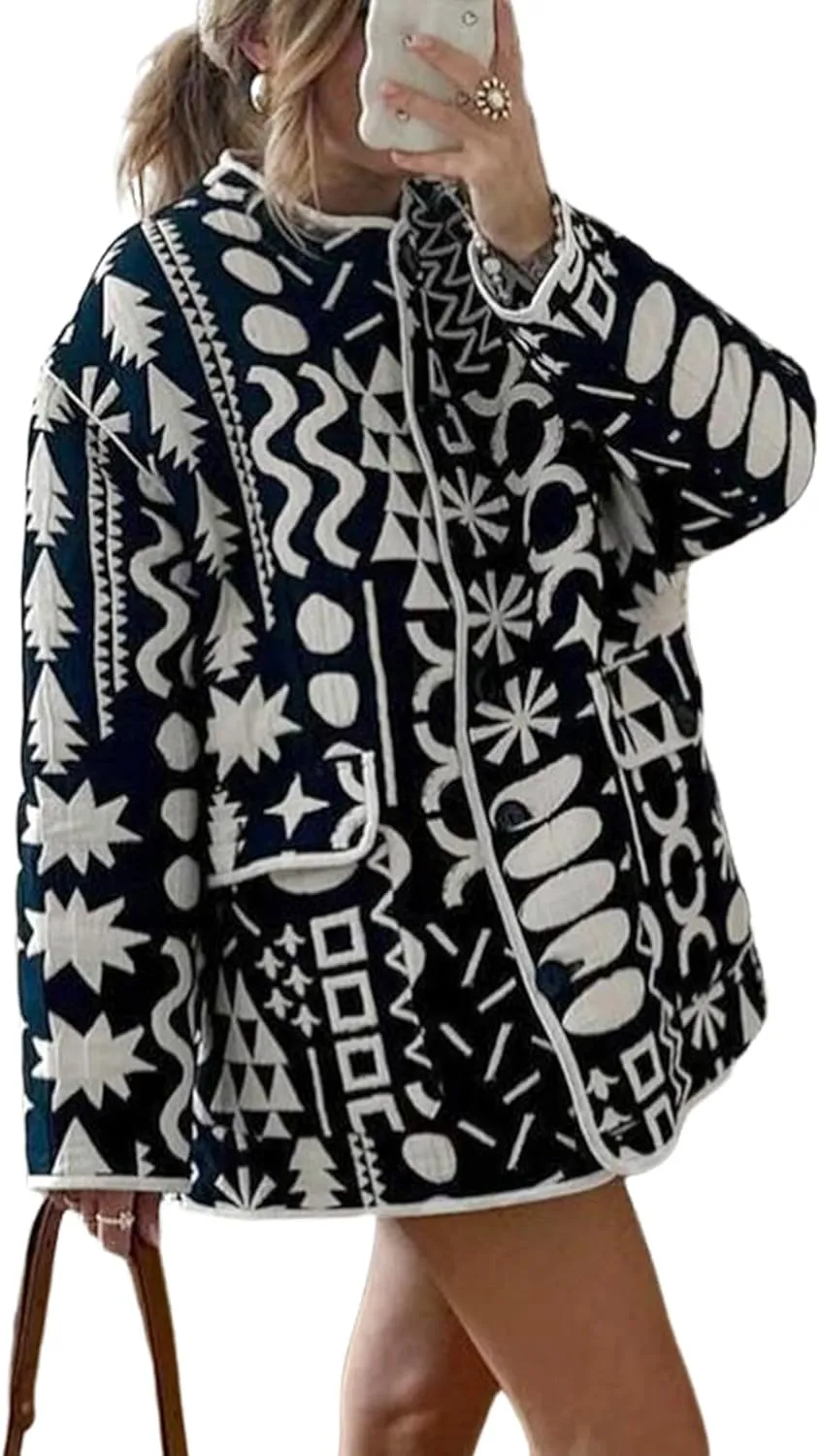 Yimoon Womens Quilted Jacket Lightweight Floral Print Padded Puffer Coat Button Down Puffy Cardigan Outwear(Navy-M)
