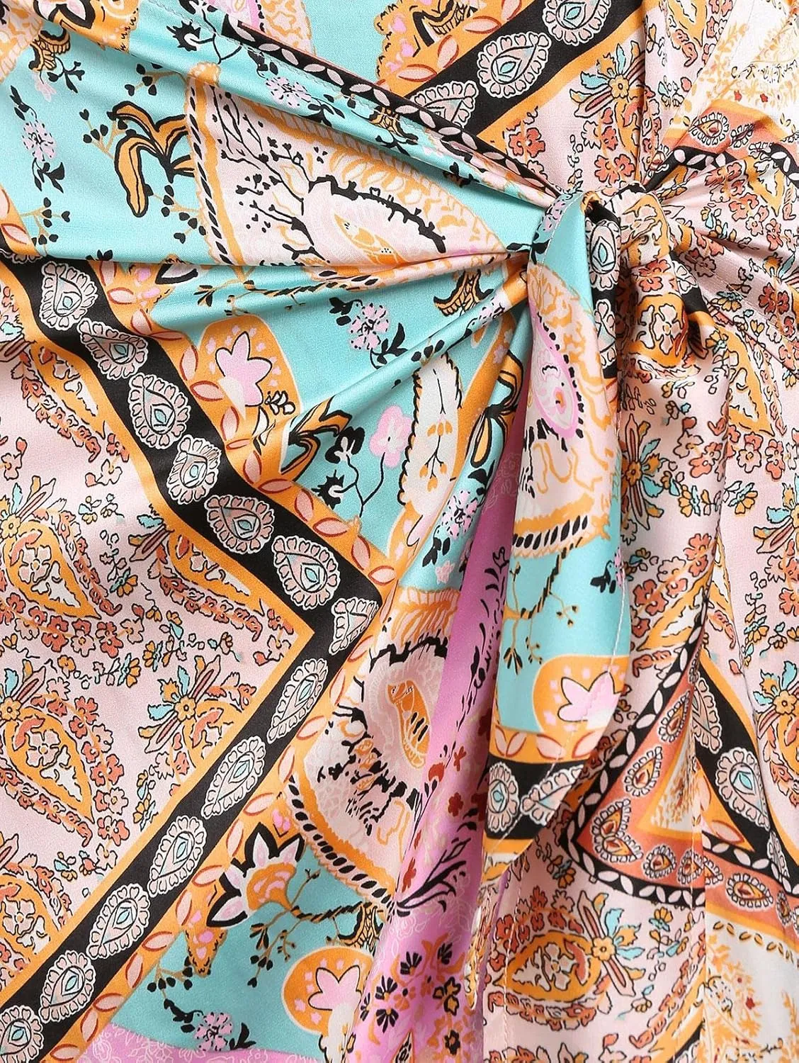 ZAFUL Women's Boho High Waist Midi Skirt Bandana Paisley Tie Sarong Skirt Ruched Split Sexy Bodycon Skirt