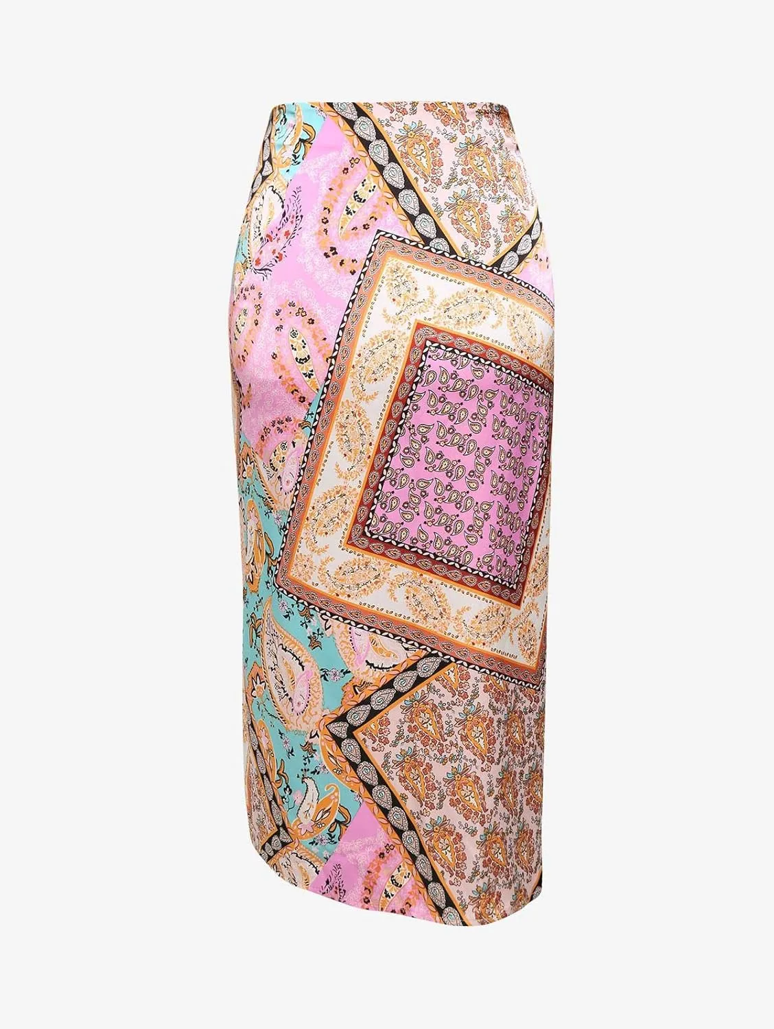 ZAFUL Women's Boho High Waist Midi Skirt Bandana Paisley Tie Sarong Skirt Ruched Split Sexy Bodycon Skirt