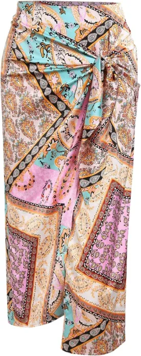 ZAFUL Women's Boho High Waist Midi Skirt Bandana Paisley Tie Sarong Skirt Ruched Split Sexy Bodycon Skirt