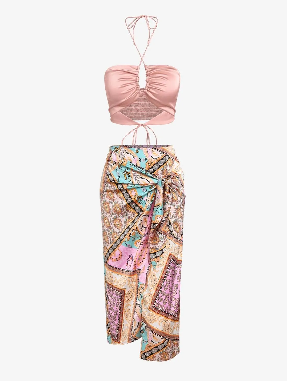 ZAFUL Women's Boho High Waist Midi Skirt Bandana Paisley Tie Sarong Skirt Ruched Split Sexy Bodycon Skirt