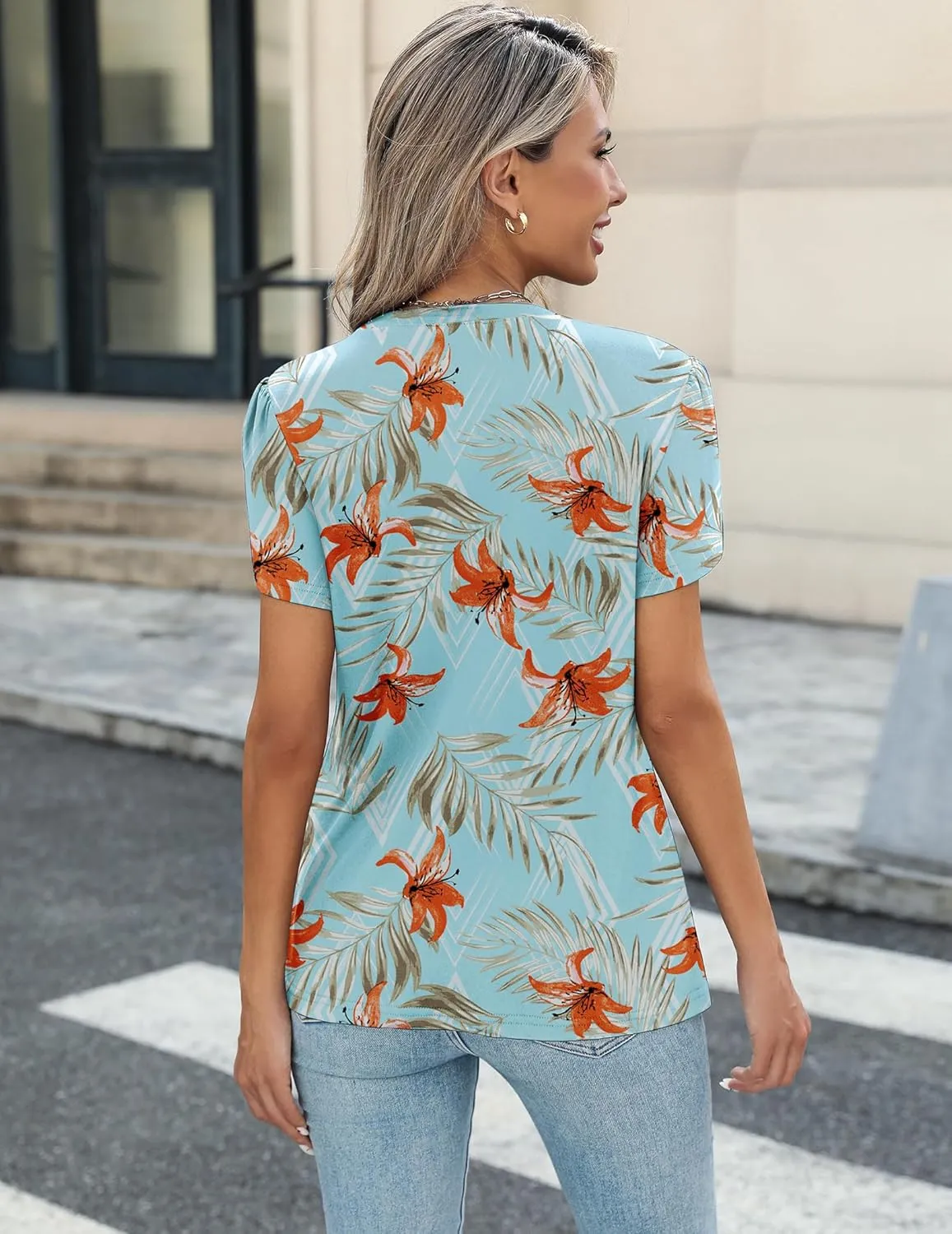 Zeagoo Womens Tops Petal Short Sleeve Summer Casual Dressy Shirts Floral Solid Blouse Pleated Tunics S-XXL