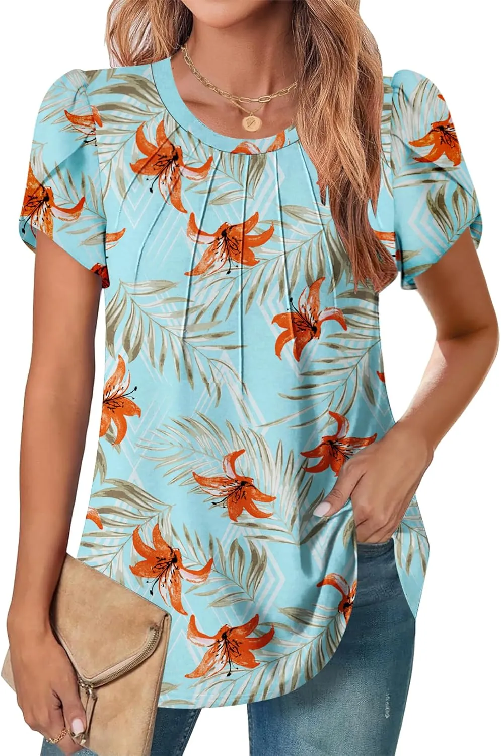 Zeagoo Womens Tops Petal Short Sleeve Summer Casual Dressy Shirts Floral Solid Blouse Pleated Tunics S-XXL