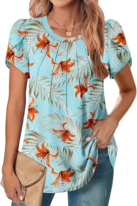 Zeagoo Womens Tops Petal Short Sleeve Summer Casual Dressy Shirts Floral Solid Blouse Pleated Tunics S-XXL